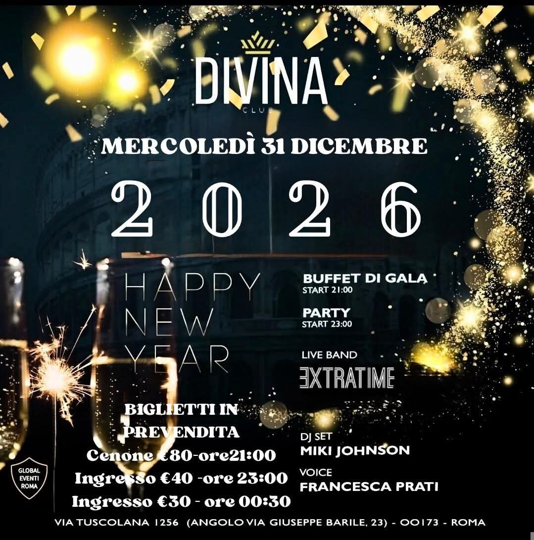 flyer della serata di capodanno 2026 discoteca divina roma