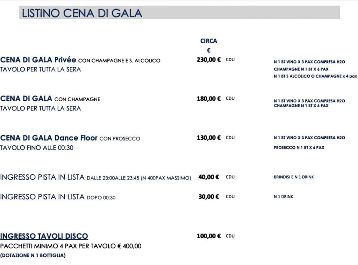 Listino della cena di gala di Capodanno al Salone delle Fontane, edizione precedente
