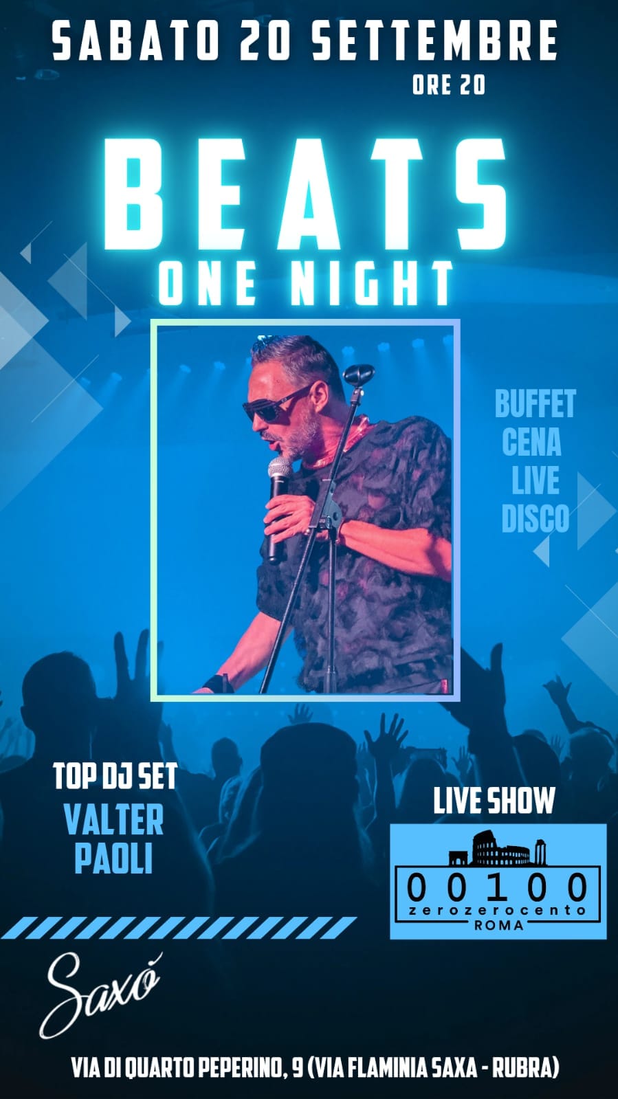 flyer della serata di sabato 20 settembre al saxò zona flaminia