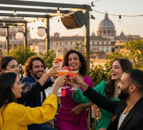 Gruppo di amici festeggia un addio al celibato Roma con cocktail