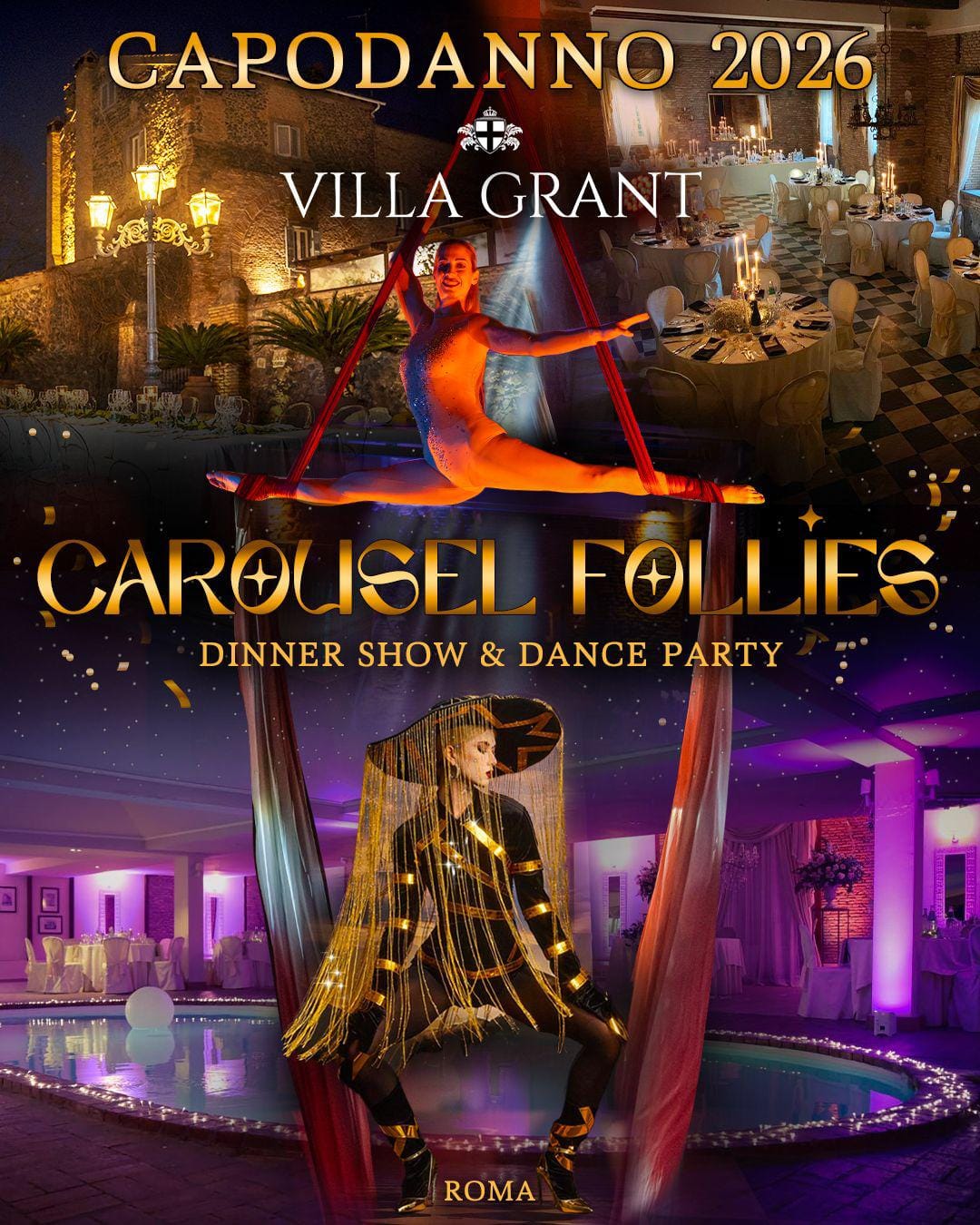 flyer della serata di capodanno a villa grant roma
