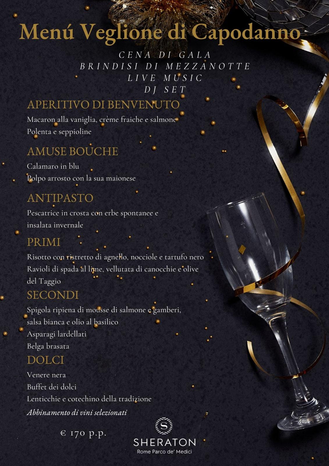 flyer della serara di capodanno 2026 allo sheraton hotel di roma