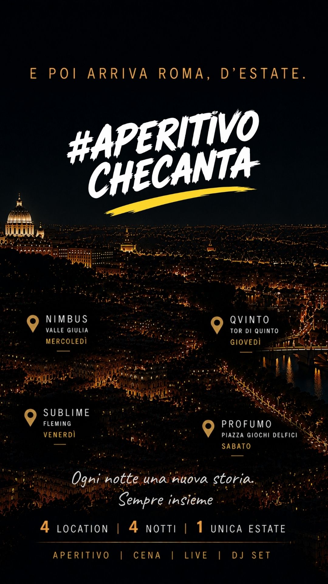 Flyer estate 2026 — Aperitivo che Canta a Roma: Nimbus mercoledì, Qvinto giovedì, Sublime venerdì, Profumo sabato