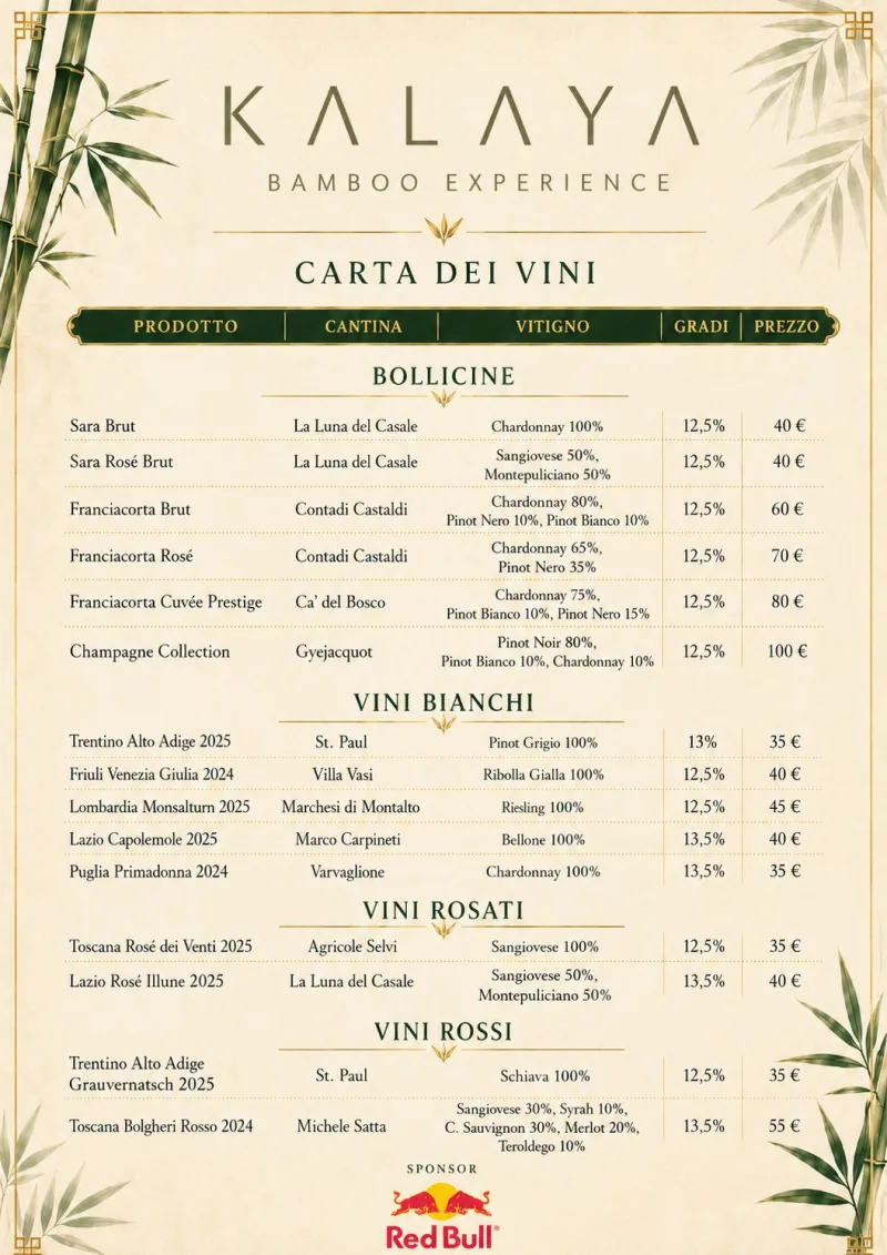 Listino Prezzi Carta dei Vini Kalaya Bamboo Roma