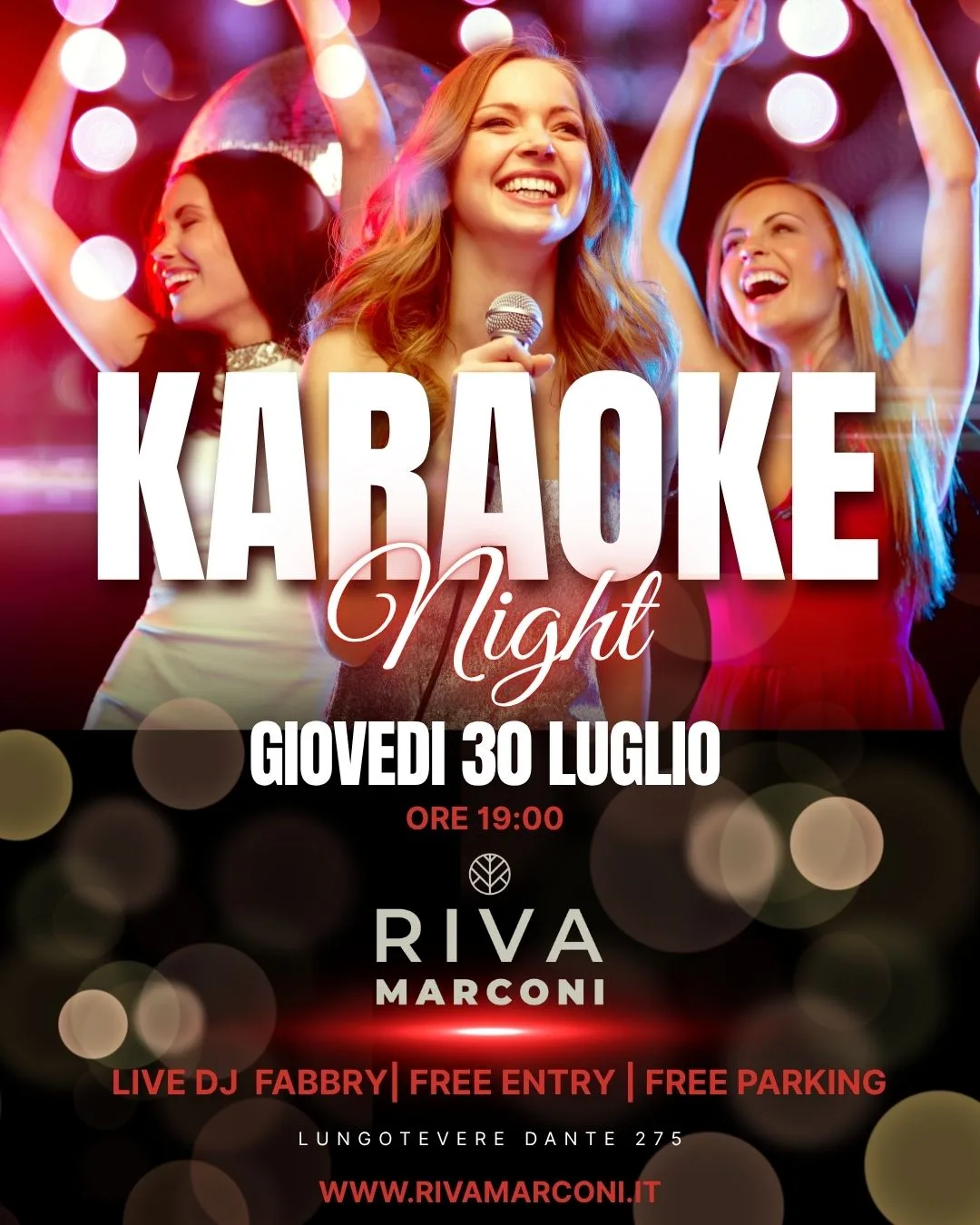 Flyer di Giovedì sera a Riva Marconi — Karaoke sul Tevere