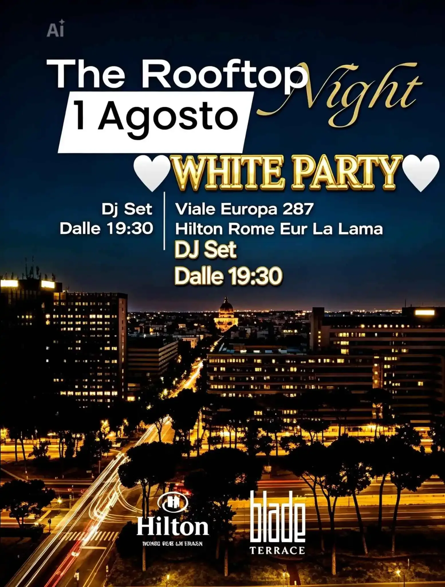 Flyer del White Party sul rooftop dell'Hilton Rome Eur La Lama