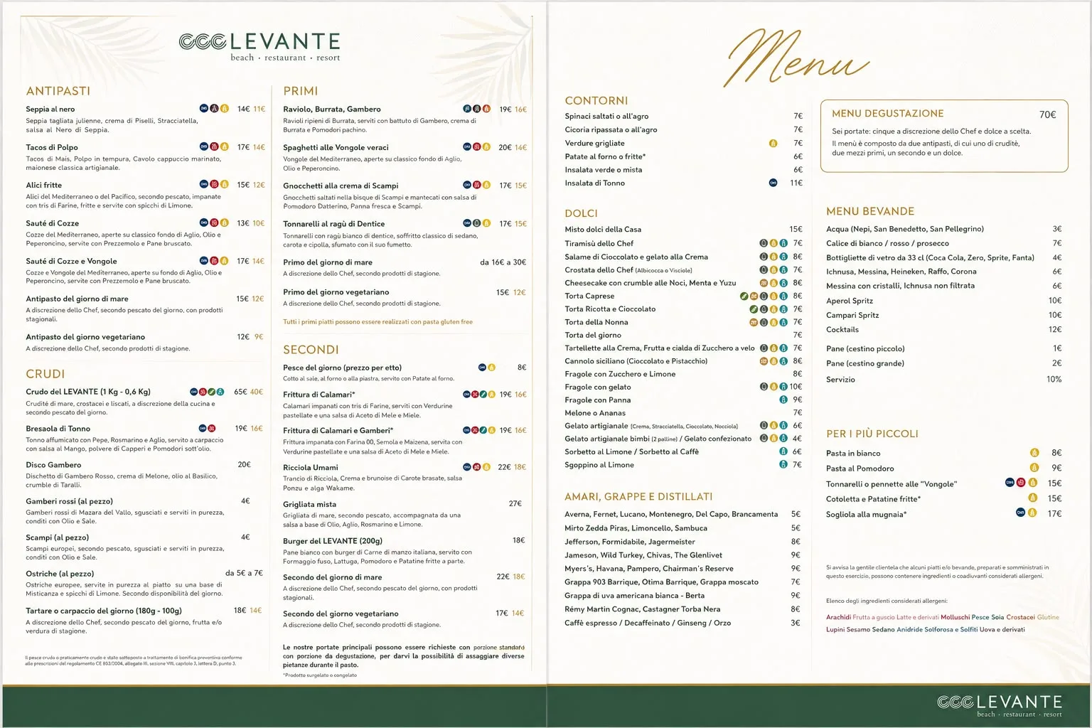 Menu alla carta del Levante Beach di Fregene: antipasti, crudi, primi e secondi di mare con i prezzi