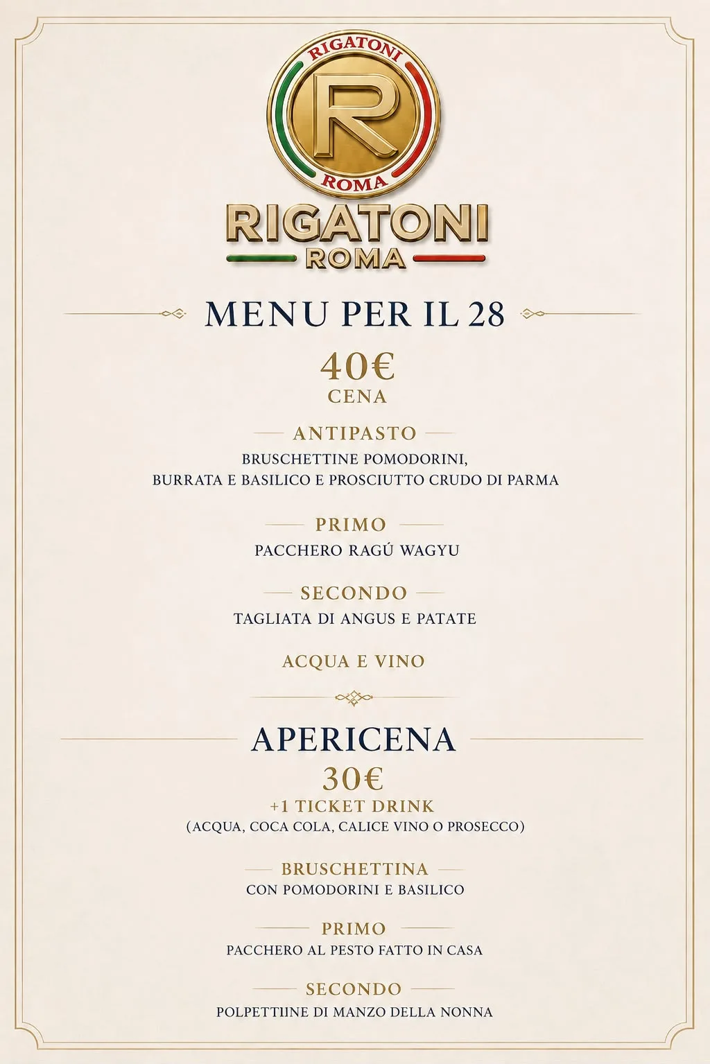 Menu di RIGATONI ROMA