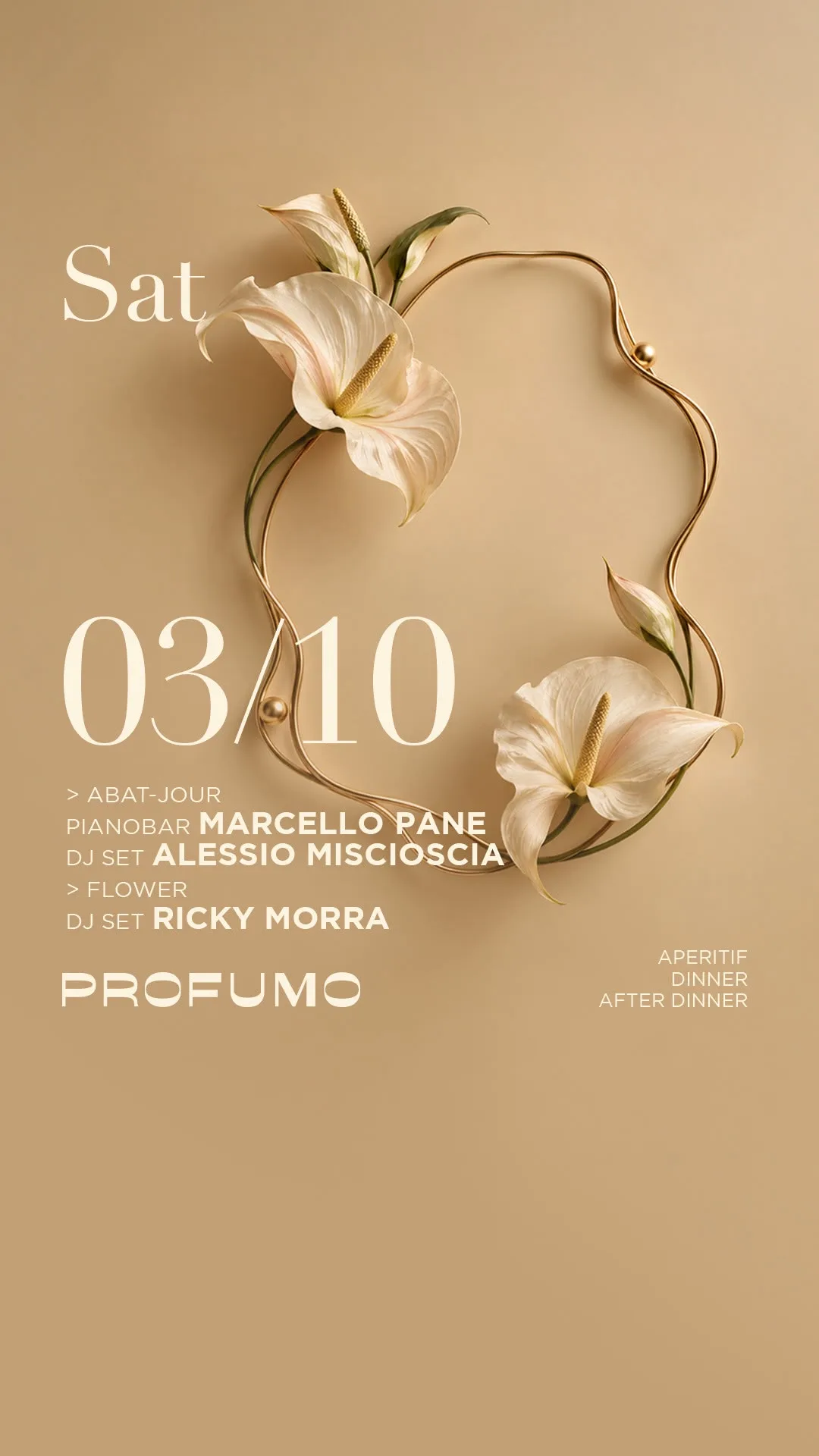 Flyer Sat — 3 ottobre 2026 al Profumo Spazio Sensoriale, Abat-Jour con Marcello Pane e Alessio Miscioscia, Flower con Ricky Morra