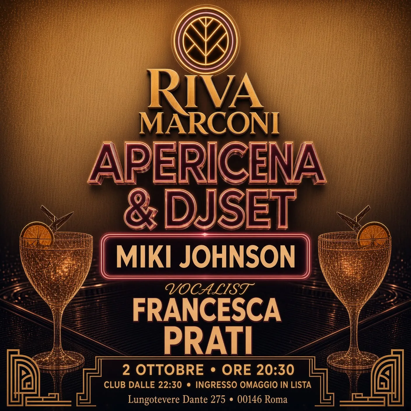 Flyer Apericena & Djset — 2 ottobre 2026 al Riva Marconi, con Miki Johnson e Francesca Prati