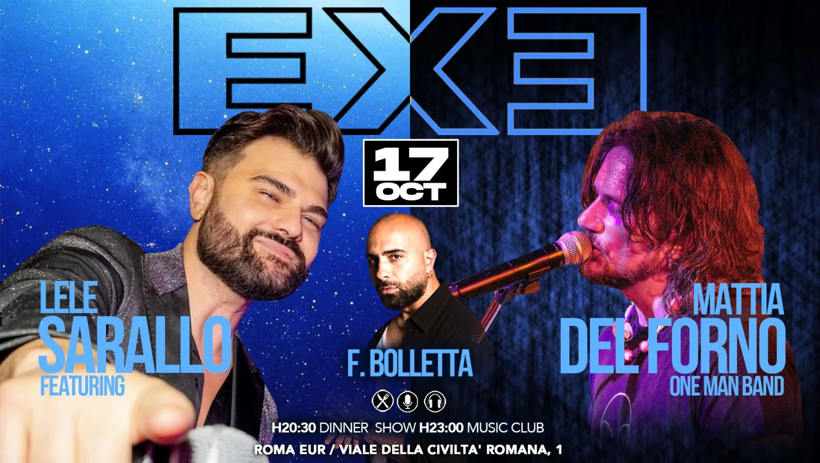 Flyer Exe Saturday del 17 ottobre 2026 all'Exe Roma EUR con Lele Sarallo, Mattia Del Forno e Federico Bolletta
