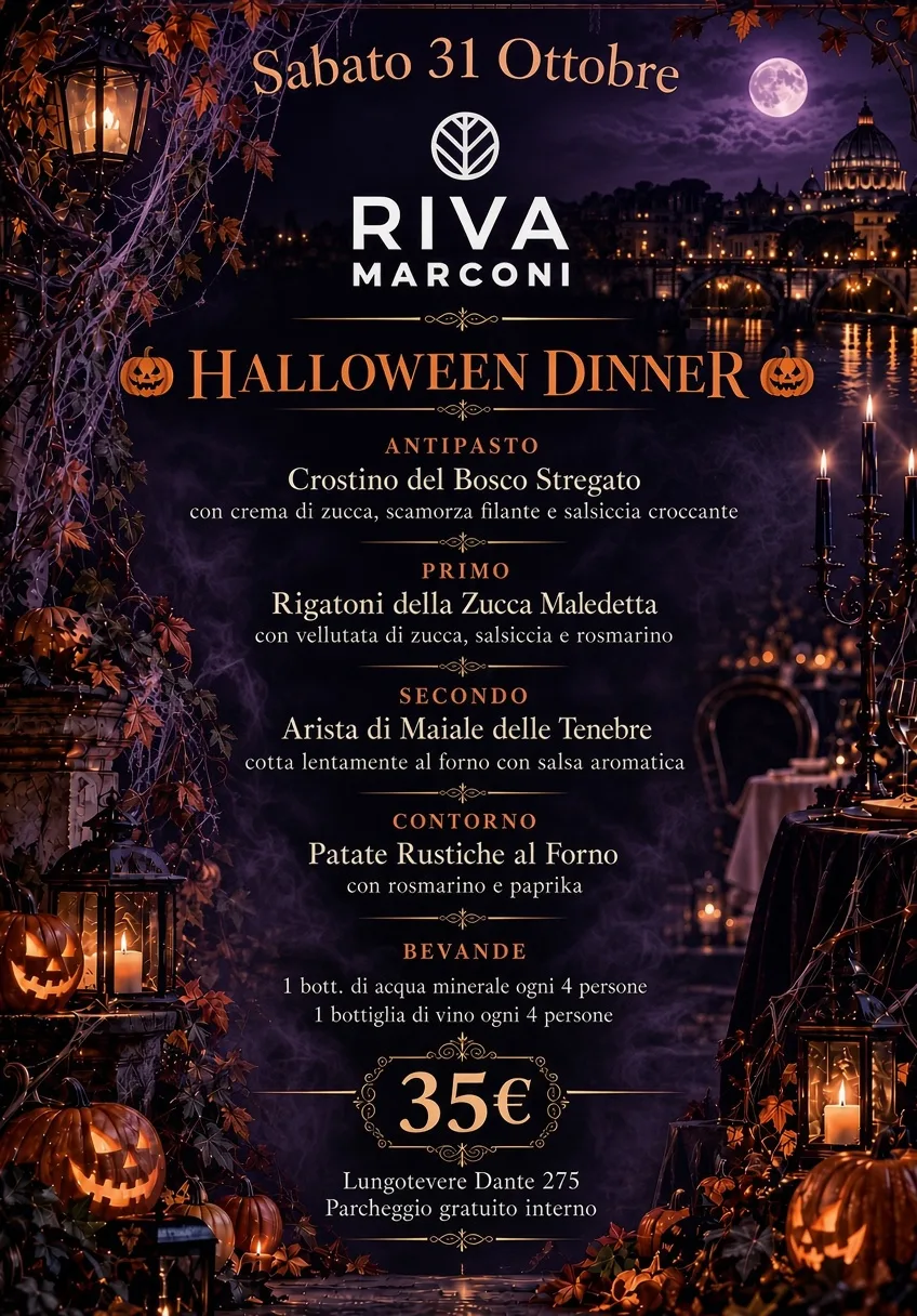 Locandina della Halloween Dinner al Riva Marconi, sabato 31 ottobre 2026: crostino del Bosco Stregato, rigatoni della Zucca Maledetta e arista delle Tenebre a 35€