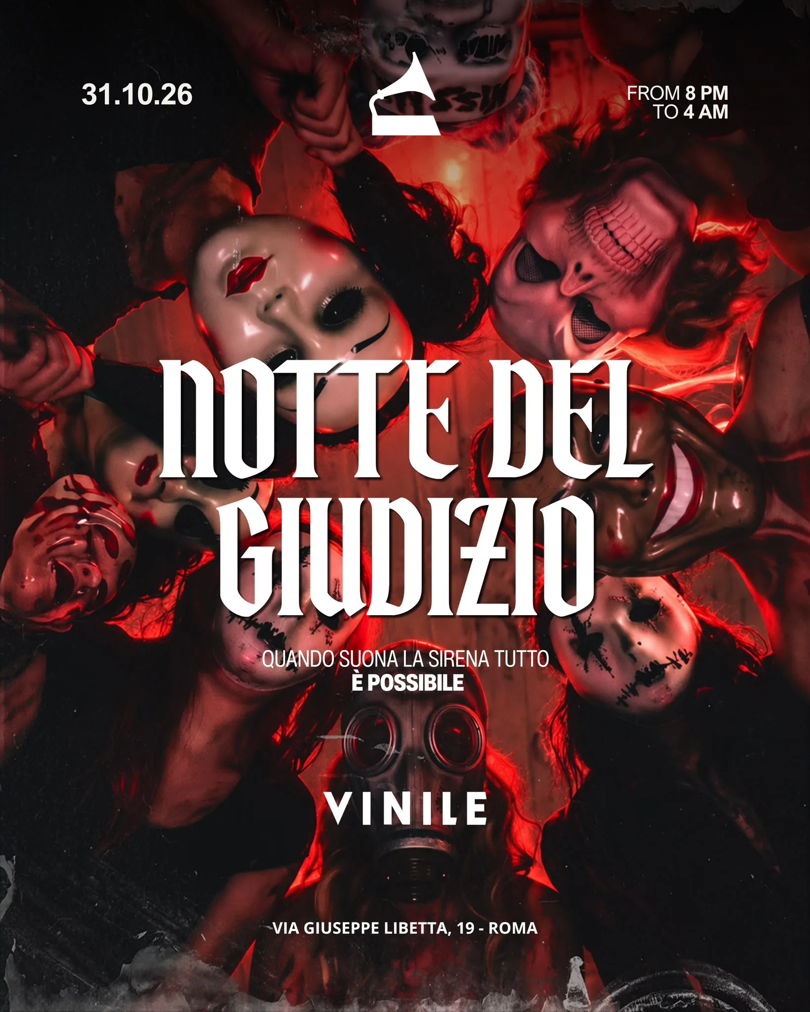 Locandina «Notte del Giudizio» del Vinile Roma, 31 ottobre 2026: maschere horror e una maschera antigas, dalle 20:00 alle 04:00