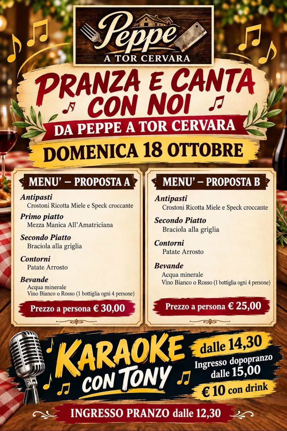 Menù del pranzo da Peppe a Tor Cervara del 18 ottobre: proposta A con mezza manica all'amatriciana e braciola, proposta B con braciola alla griglia