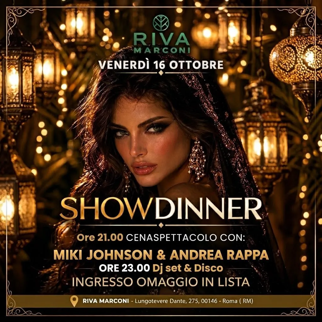Flyer Show Dinner di Riva Marconi, venerdì 16 ottobre 2026, con Miki Johnson e Andrea Rappa