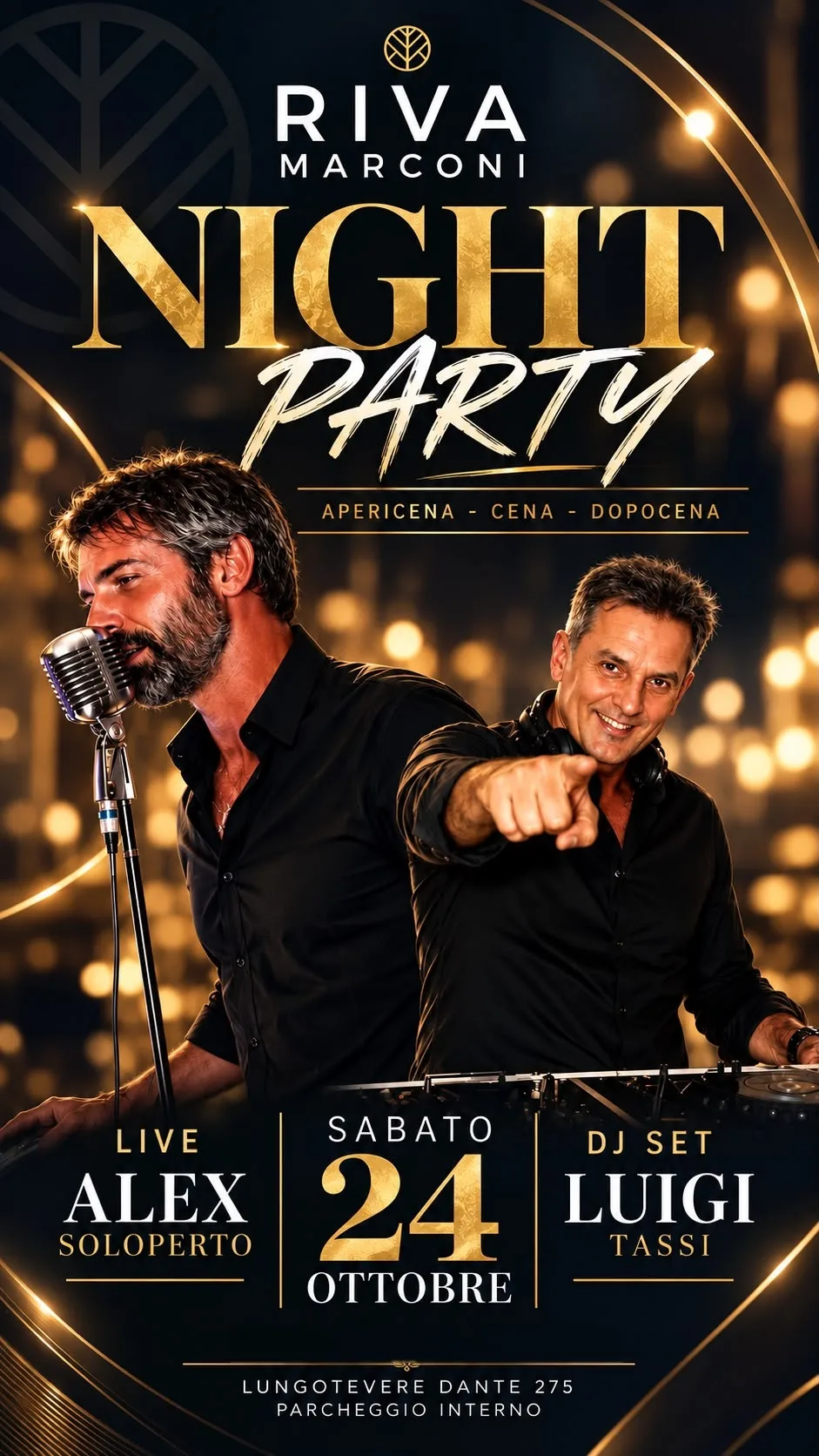 Flyer Night Party di Riva Marconi, sabato 24 ottobre 2026, con Alex Soloperto live e Luigi Tassi dj set