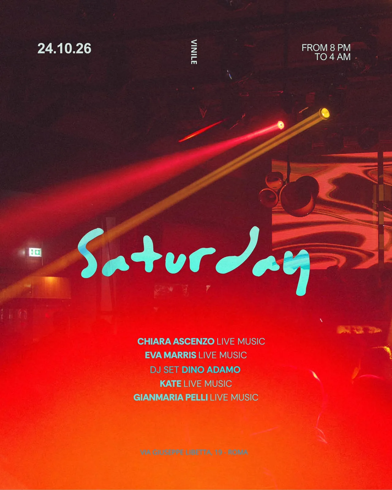 Flyer Saturday del Vinile Roma, sabato 24 ottobre 2026: live music di Chiara Ascenzo, Eva Marris, Kate e Gianmaria Pelli, dj set di Dino Adamo