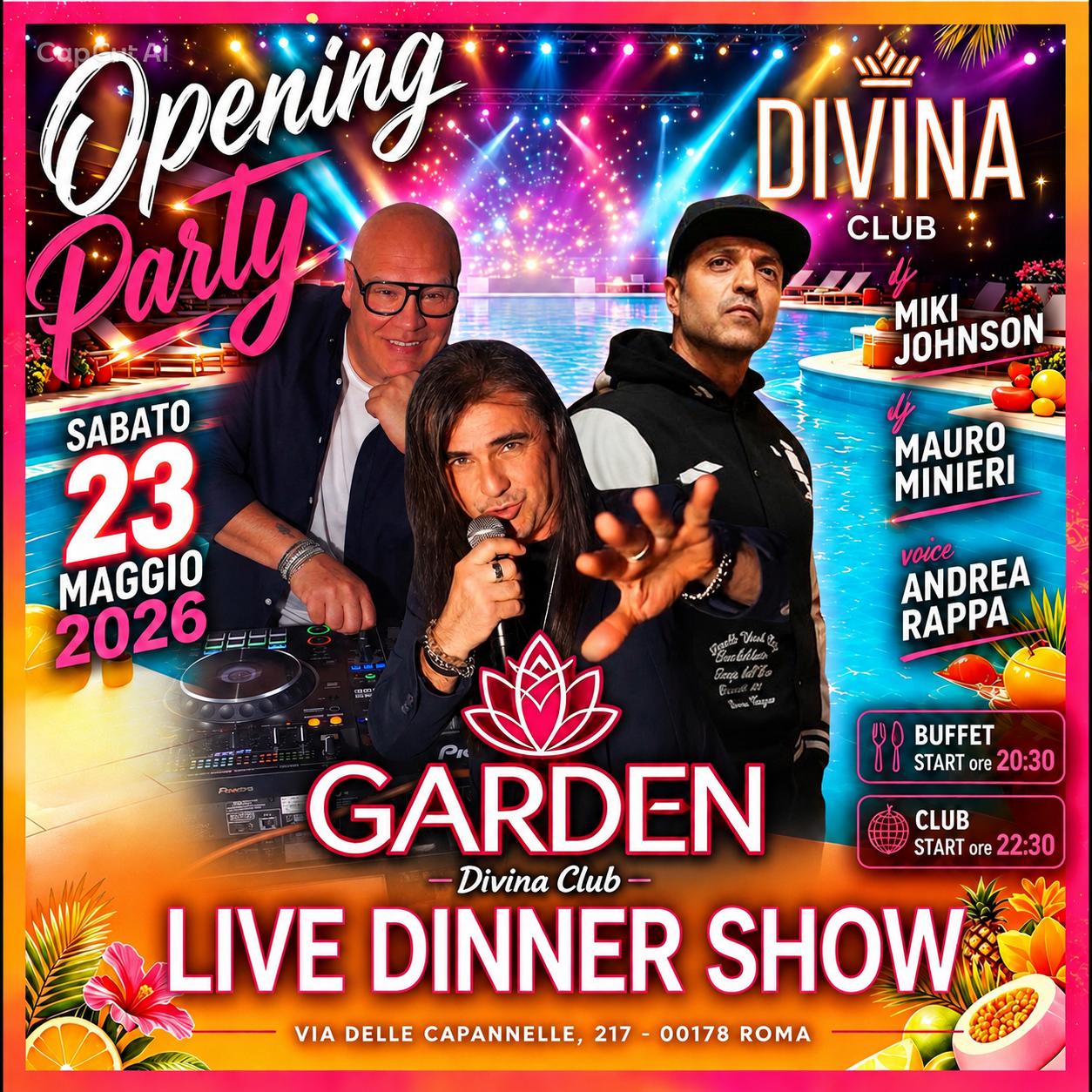 Flyer serata 23 maggio 2026 Garden Capannelle Roma