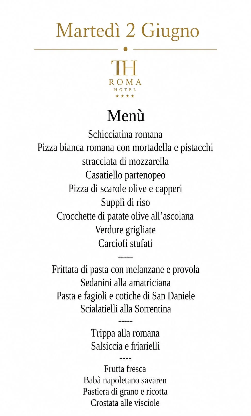Menù brunch ORA 2 giugno TH Roma Carpegna Palace